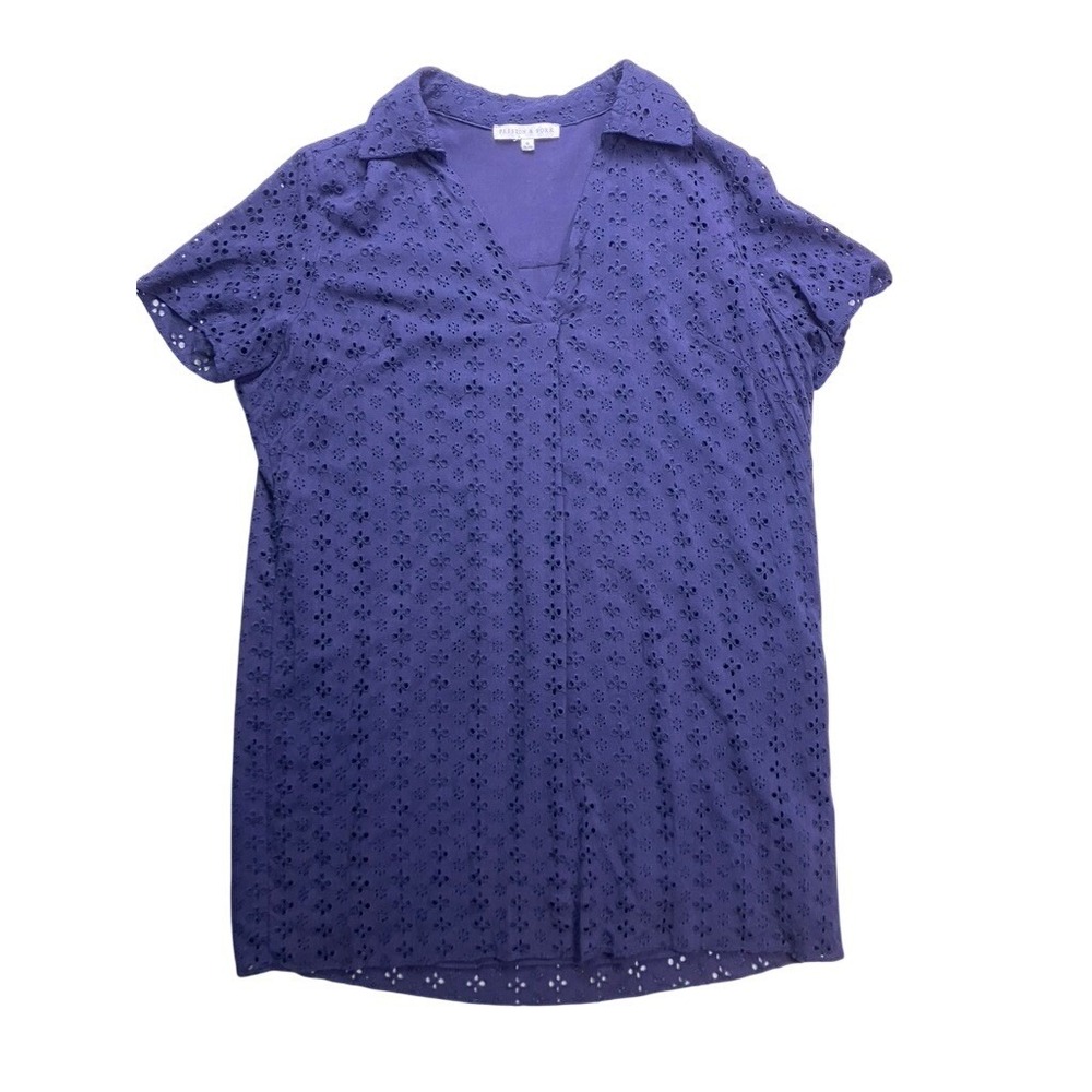 Preston‎ & York Eyelet Dress Women 18 Blue Short Sleeve V-Neck Rayon Summer